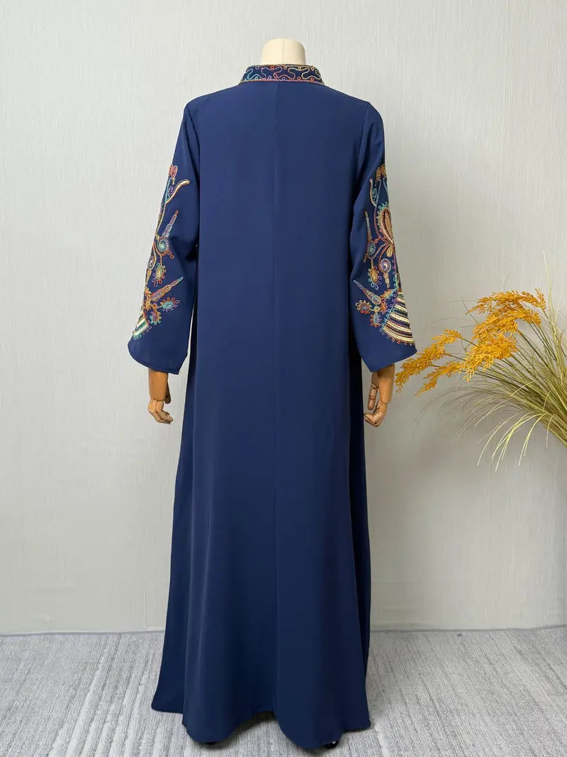 Elegant Muslim Women's Long Robe with Colorful Embroidery, Perfect for All Seasons, Stylish and Comfortable Clothing