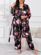 [Plus Size] Three-Piece Set Floral Print Belted Lounge Robe & Cami Top & Elastic Waist Pants Pyjama Set