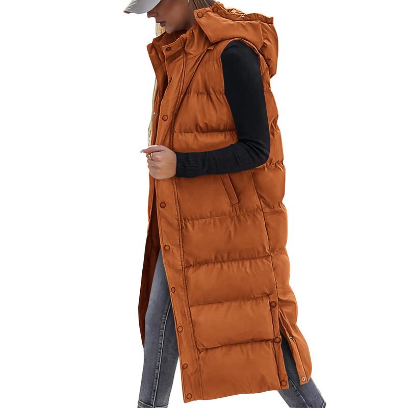 Women's Long Puffer Vest with Quilted Hood and Button Down Closure for Winter Coat 2025 - Tops, Womenswear