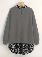 [Plus Size] Leopard Print Curved Hem Pullover Sweatshirt, Casual Long Sleeve Sweatshirt for Fall & Winter, Women's Clothing for Daily Wear