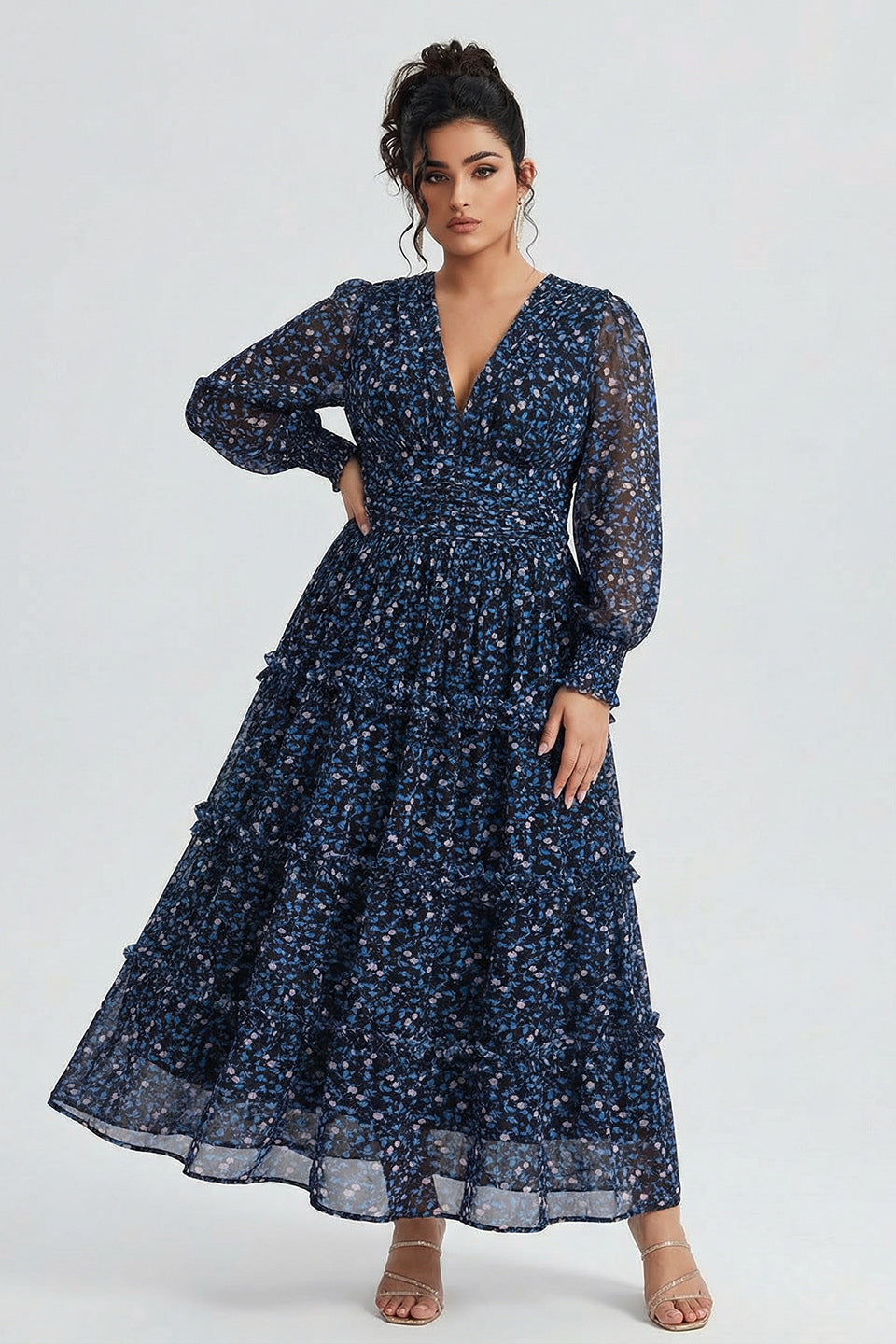 Curveins Plus Size V Neck Long Sleeve Floral Tiered Maxi Dress