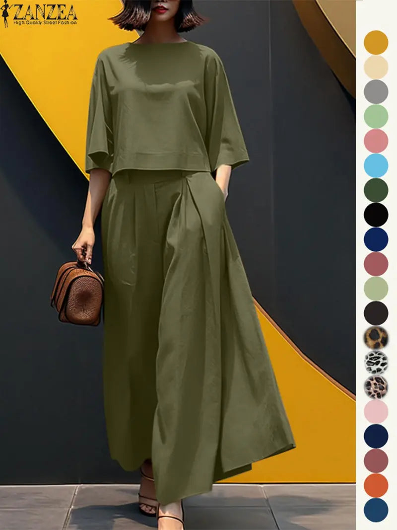 Women's Top & Wide Leg Pants Two-piece Set, Casual Fashion Minimalist Cozy Three Quarter Length Sleeve Top & Trousers for Daily Outdoor Wear, Ladies Clothes for All Seasons, Womenswear