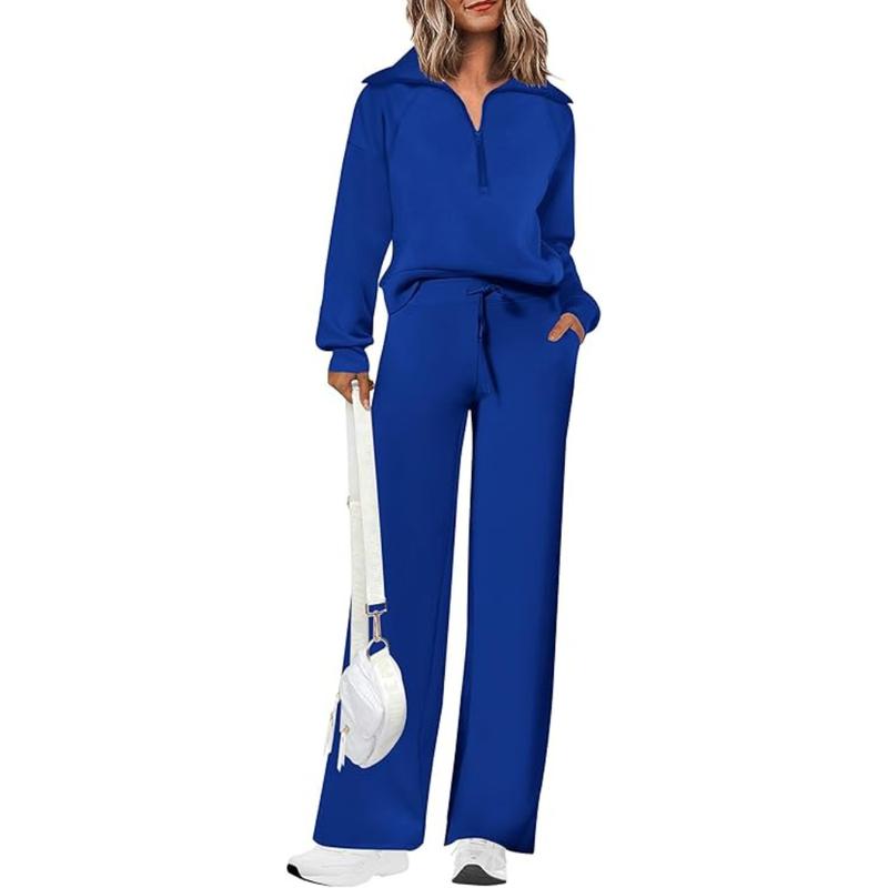 Women's Casual 2-Piece Sweatsuit Set - Half Zip Pullover Sweatshirt & Wide Leg Pants with Drawstring - Matching Tops & Sweatpants for Comfort