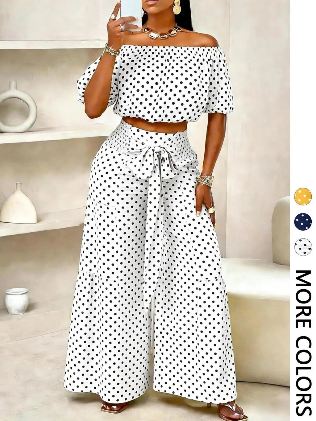 Women's solid-color wide-leg pant set, casual off-shoulder top and palazzo pants for summer, beach vacation wear for women.