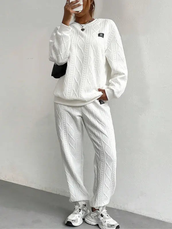 Women's Solid Patched Drop Shoulder Sweatshirt & Elastic Waist Pants Two-piece Set, Casual Fashion Cozy Round Neck Long Sleeve Pullover & Trousers for Daily Wear, Ladies Two-piece Outfits for Fall & Winter