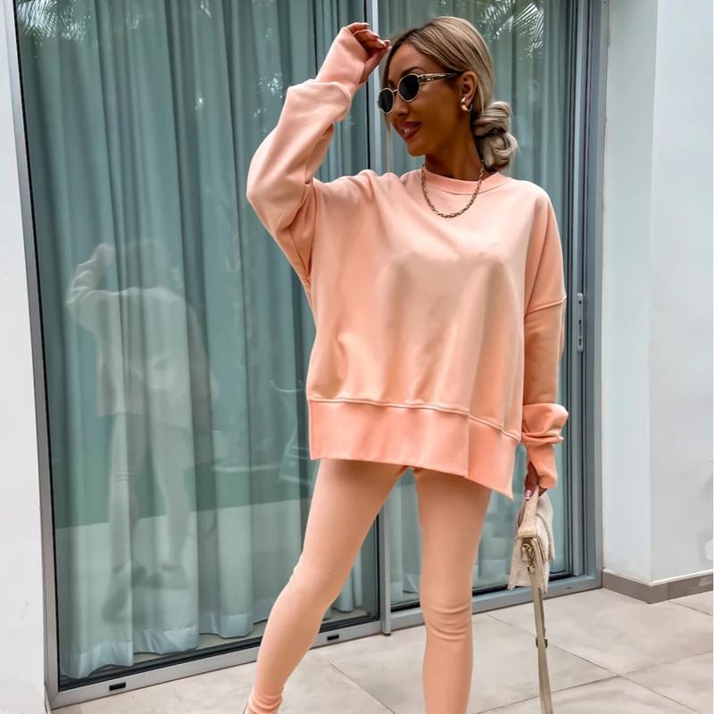 Oversize Two-Piece Set Women's  Split Hem Sweatshirt & Skinny Pants, Casual Fashion Cozy Round Neck Long Sleeve Pullover Women's Clothing for Fall & Basic Winter  Suits Womenswear Gamis