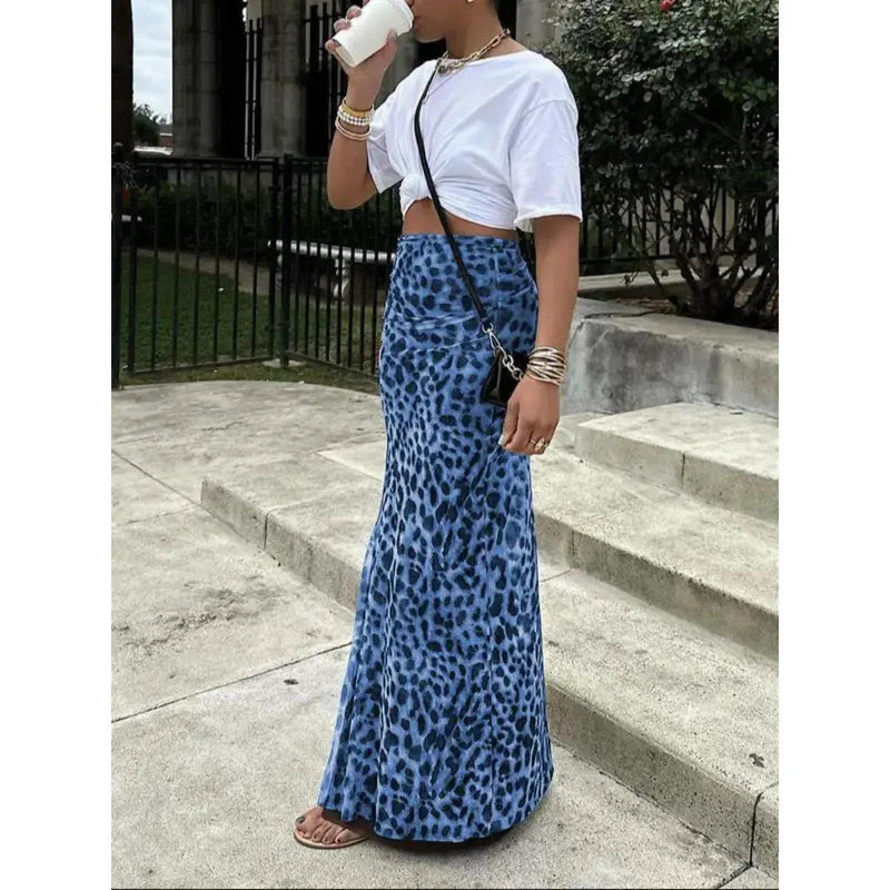 High Waisted Leopard Print Mesh Skirt, Split Design, Slim Fit, Long Hem, Versatile Valentine's Day Dress, Fashionable Women's Clothing