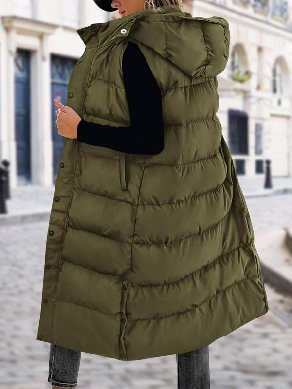 Women's Long Puffer Vest with Quilted Hood and Button Down Closure for Winter Coat 2025 - Tops, Womenswear