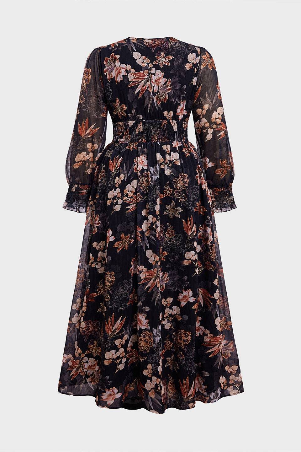 Curveins Plus Size V Neck Long Sleeve Floral Waist Maxi Dress