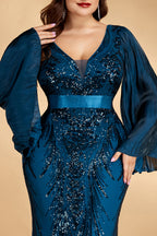 Curveins Plus Size V-Neck Flared Sleeve Shimmer Bodycon Maxi Dress