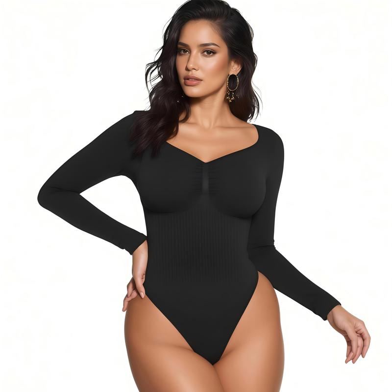 Women’s Seamless Shaping Bodysuit – Long Sleeve V-Neck Slim Fit Shapewear, Lightweight Sculpting Body Top, Perfect for Layering & Everyday Wear Light compression
