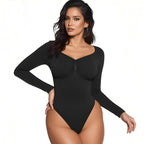 Women’s Seamless Shaping Bodysuit – Long Sleeve V-Neck Slim Fit Shapewear, Lightweight Sculpting Body Top, Perfect for Layering & Everyday Wear Light compression