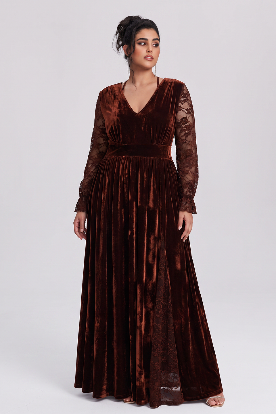 Curveins Plus Size Elegant V Neck Long Sleeve Ruched Waist Flowy Velet Maxi Dress