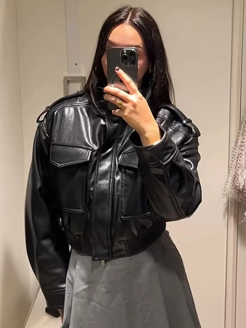 Women's Olive Green Faux Leather Bomber Moto Jacket with Stand Collar and Flap Pockets, Casual Short Layered Streetwear Outerwear