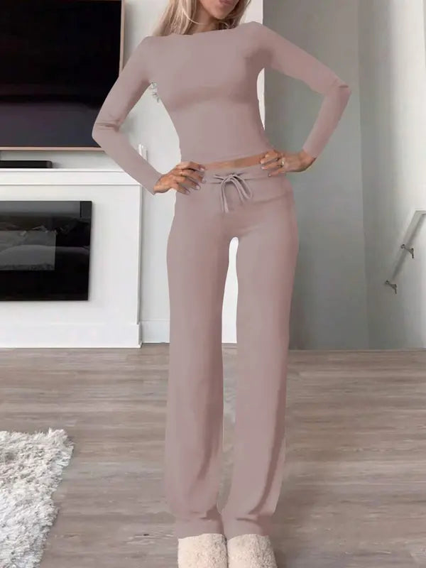 Women's Solid Ruched Drawstring Loungewear Set, Casual Long Sleeve Round Neck Top & Pocket Wide Leg Trousers, Ladies Sleepwear for All Seasons