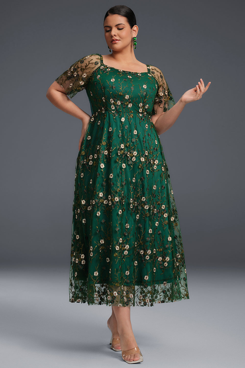 Curveins Plus Size Draped Collar Embroidered Ruffle Hem Maxi Dress