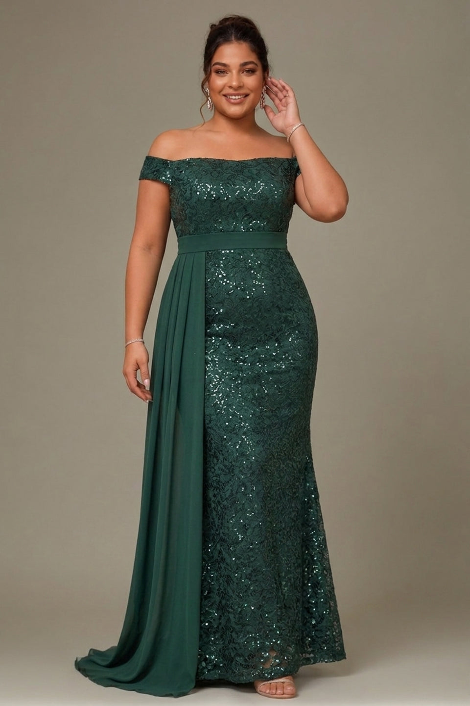 Curveins Plus Size Off Shoulder Sequin Waist Tie Elegant Evening Maxi Dress