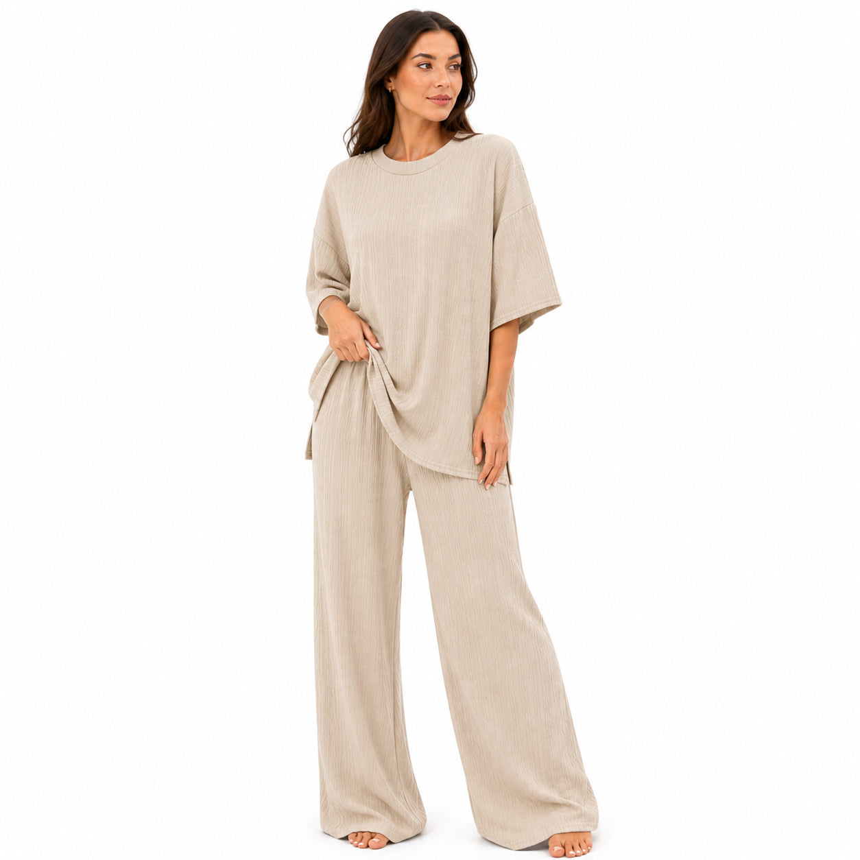 Ensemble Femme Chic Texturé – T-shirt & Pantalon Fluide