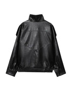 Black Faux Leather Jacket Stand Collar Oversized Moto Biker Jacket Elastic Hem Streetwear Casual Long Sleeve Waterproof Windproof Outerwear for Spring & Fall, Ladies Clothes for Daily Wear