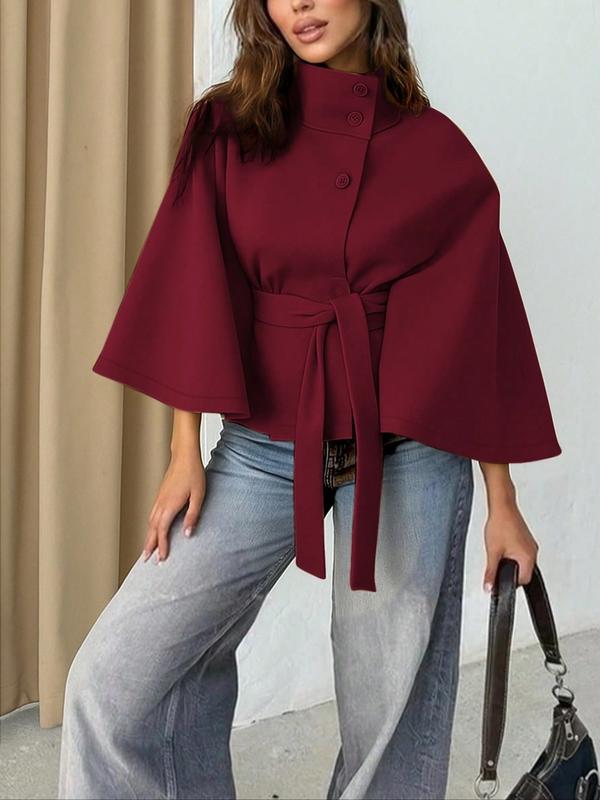 Women's Plain Front Buckle Belted Woolen Cape Coat, Casual Fall & Winter Outerwear, Stylish Daily Wear for Dating, Jackets