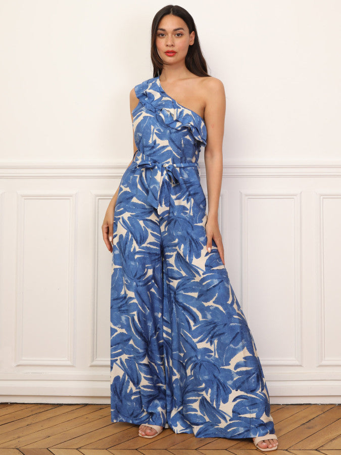 Asymmetric tropical print jumpsuit