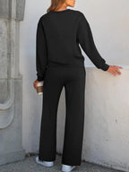 2 Piece Women's Casual Long Sleeve Pocket Sportswear Set, Stylish Wide Leg Athletic for All Seasons, Comfortable Fitted Fashion