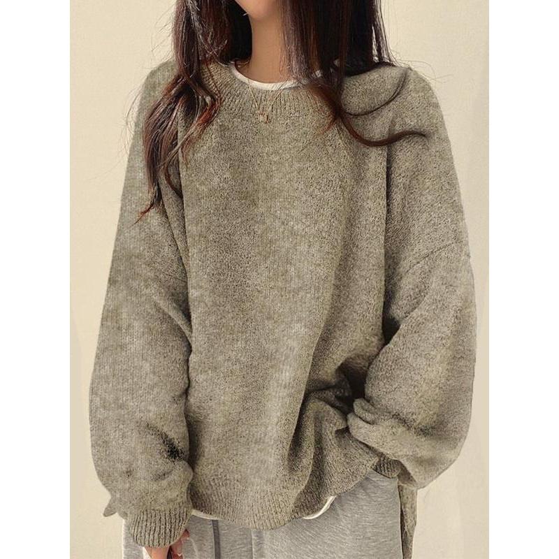 Women's Drop Shoulder Split Hem Sweater, Casual Long Sleeve Round Neck Jumper, Women's Knitwear Top for Fall & Winter, Sweaters for Women
