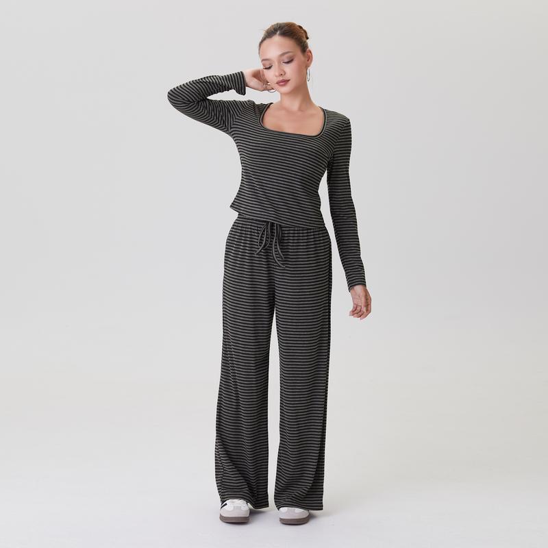 Women's Slouchy Square Neck Stripe Long Sleeve Crop Top & Low-Rise Wide Leg Trousers Co-ord, Minimalist Two Piece Outfits, Cozy Womenswear