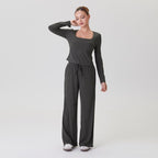 Women's Slouchy Square Neck Stripe Long Sleeve Crop Top & Low-Rise Wide Leg Trousers Co-ord, Minimalist Two Piece Outfits, Cozy Womenswear
