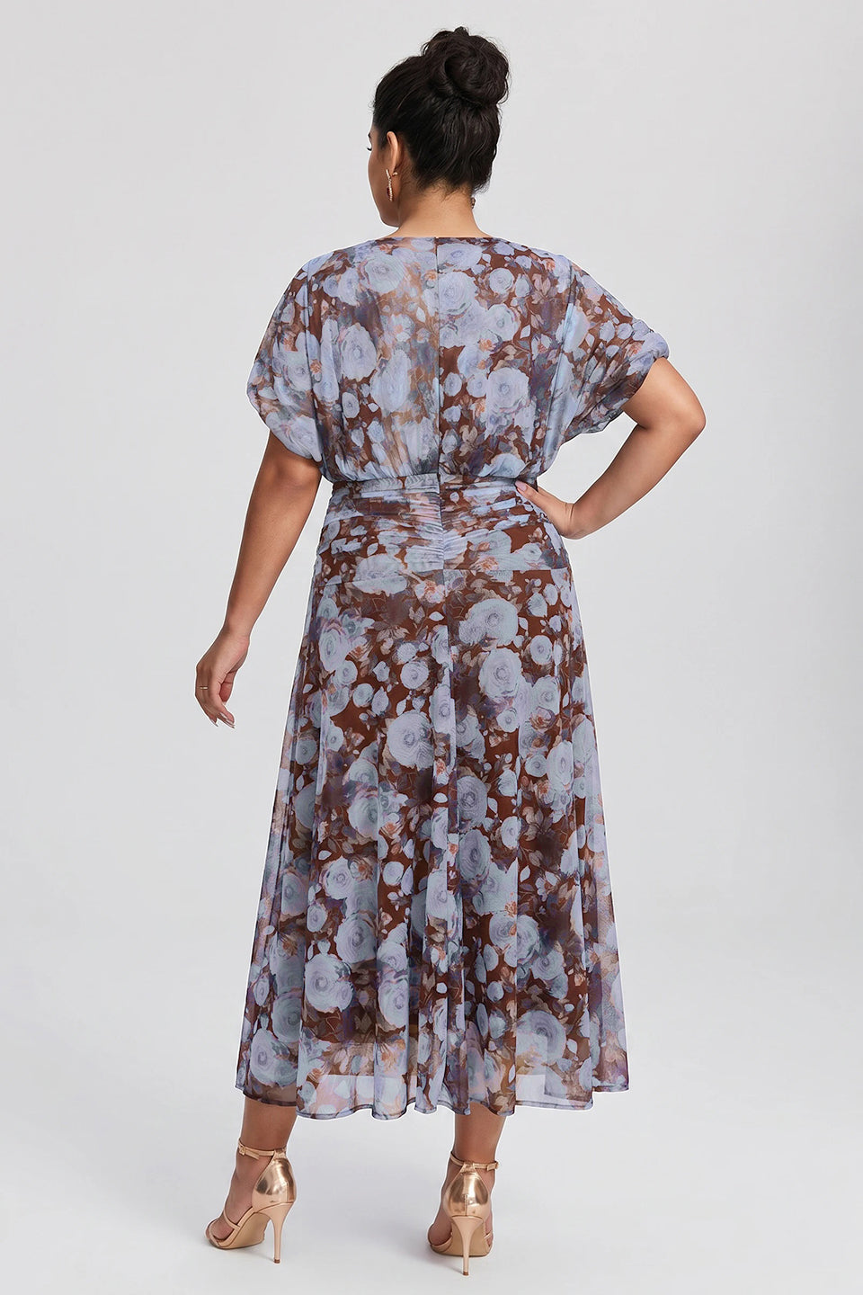 Curveins Plus Size V Neck Puff Sleeve Waist Defining Floral Print Elegant Maxi Dress