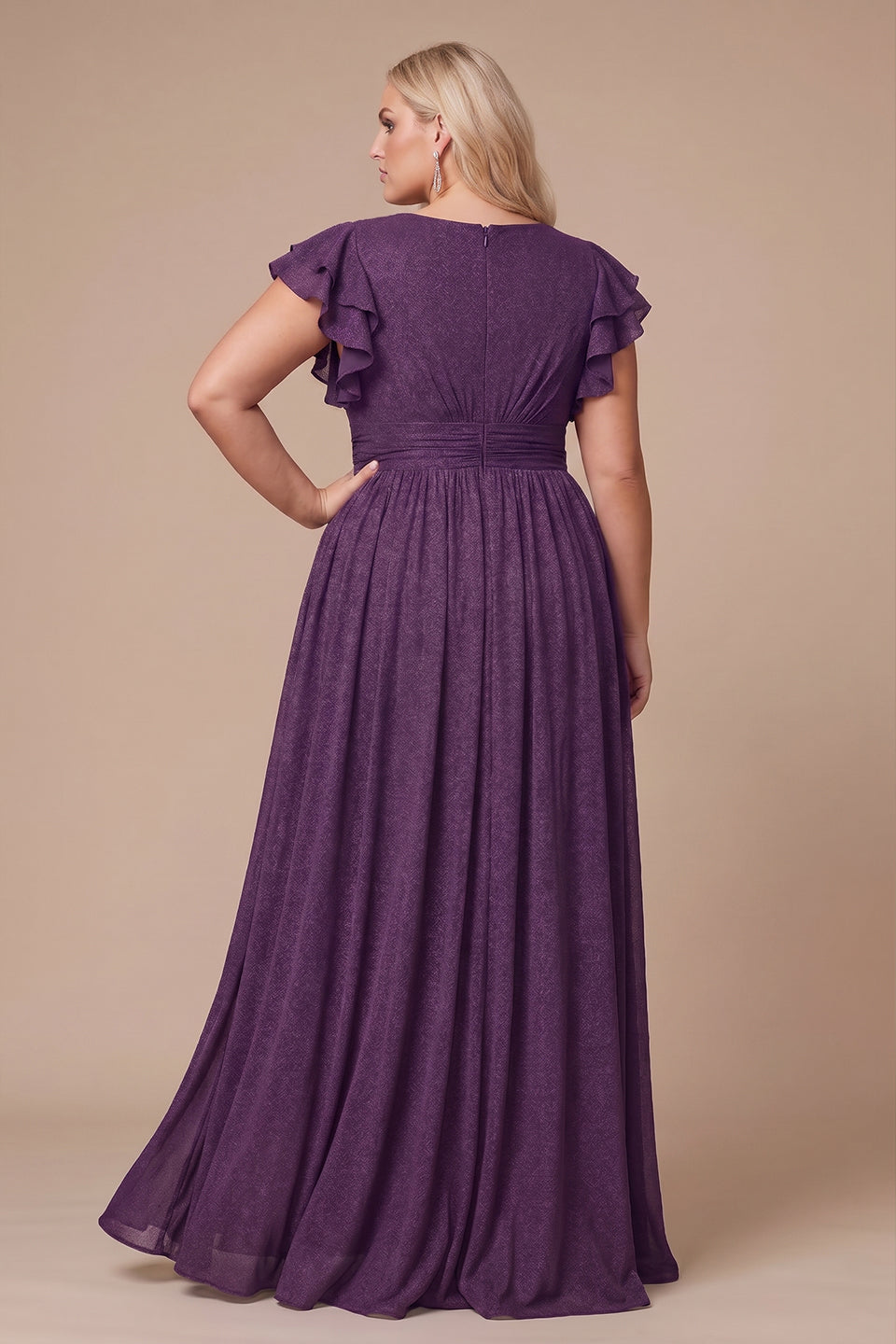 Curveins Plus Size V-Neck Ruffle Sleeve Split A-Line Maxi Dress