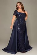 Curveins Plus Size Square Neck Short Sleeve Sequin Waist Defining Belted Maxi Dress