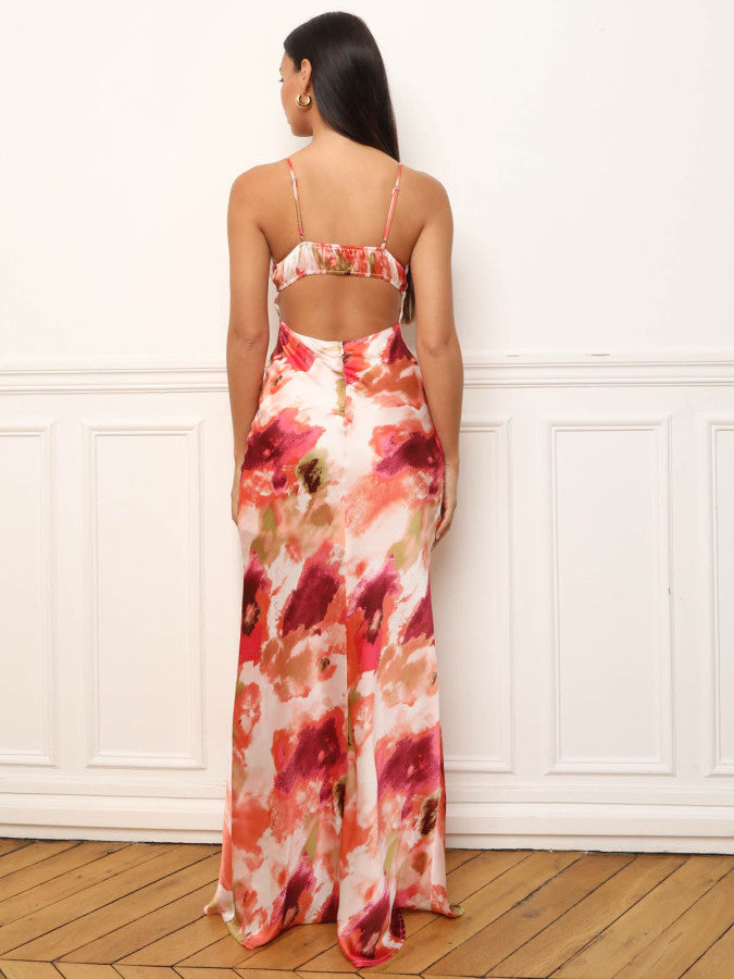 Pink satin-effect backless maxi dress