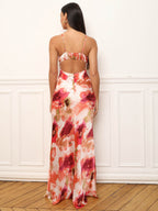Pink satin-effect backless maxi dress