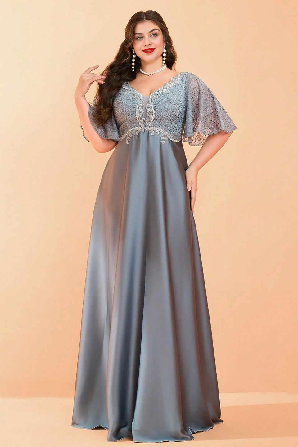 Curveins Plus Size V-Neck Batwing Sleeve Patchwork Maxi Dress