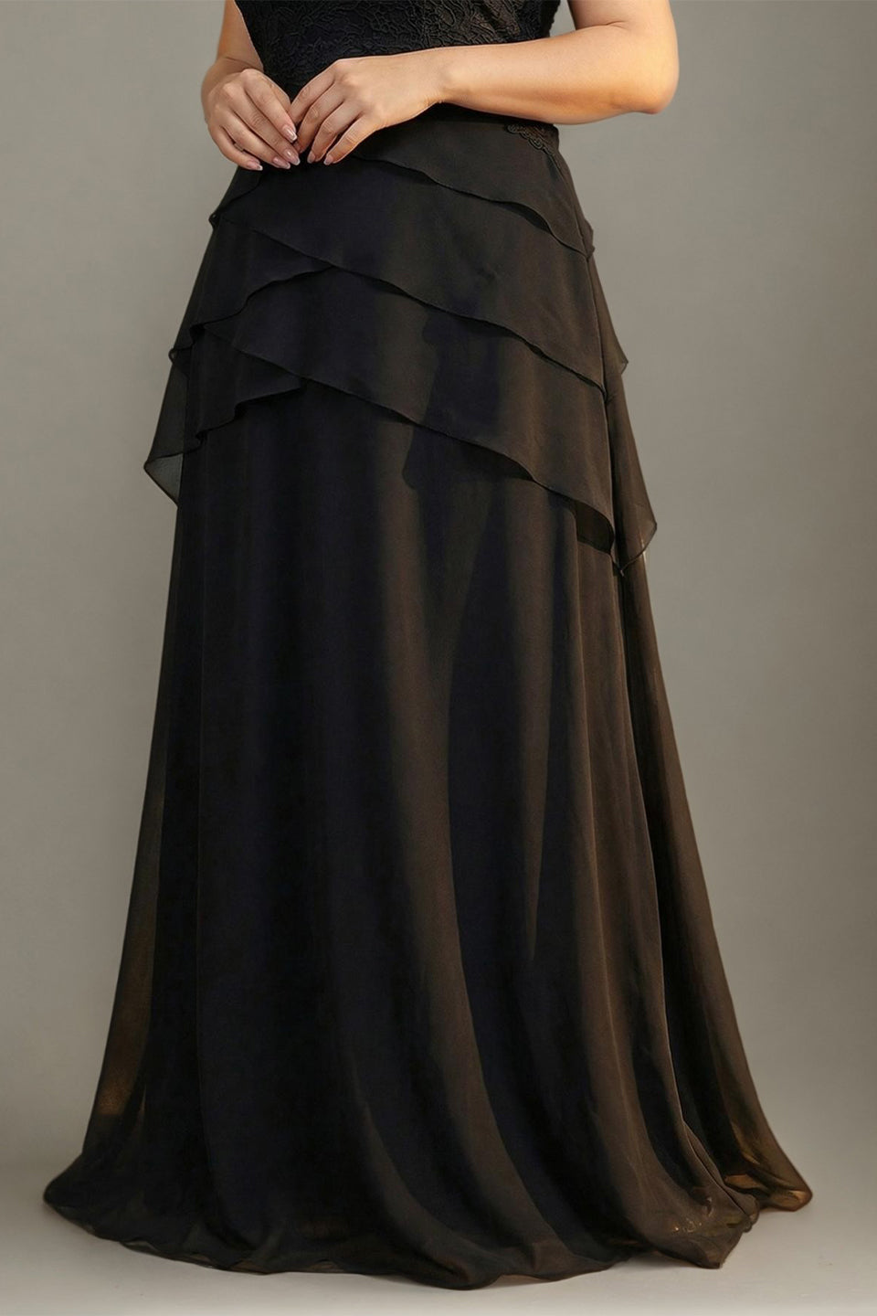 Curveins Plus Size Round Neck Chiffon Cross Ruffle A-Line Sheer Elegant Maxi Dress