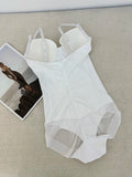 Women's Solid Color Contrast Mesh Sheer Cami Shapewear Bodysuit, Adjustable Strap Tummy Control Shapewear for All Seasons