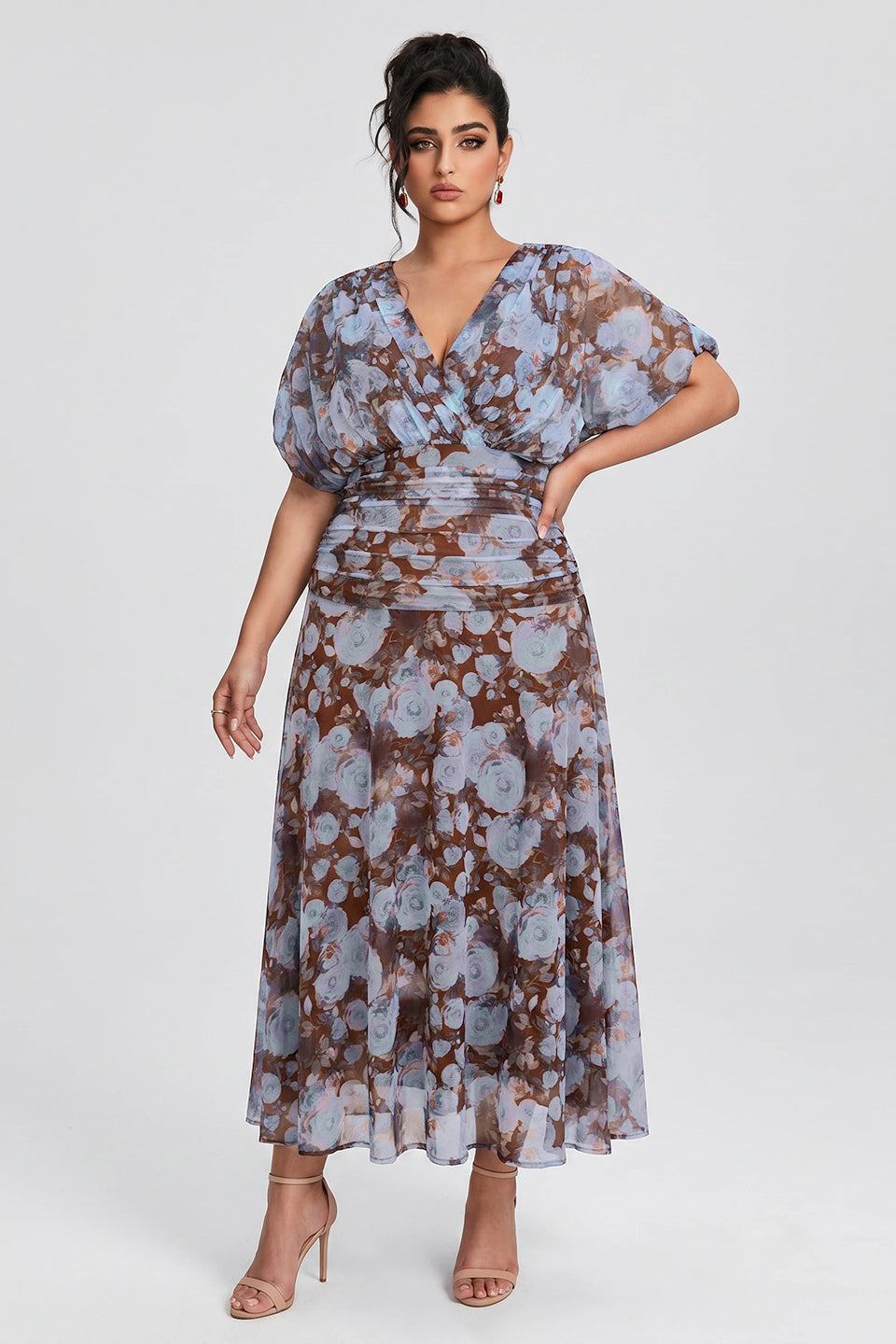 Curveins Plus Size V Neck Puff Sleeve Waist Defining Floral Print Elegant Maxi Dress
