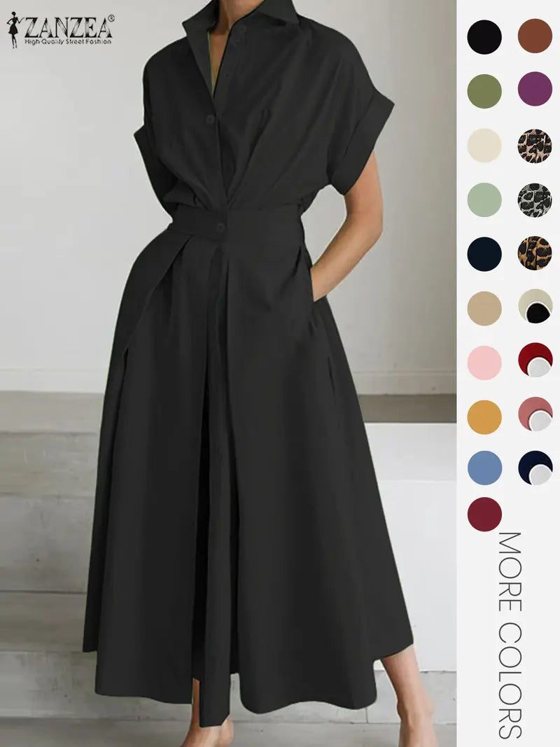 Women's Solid Color Collared Dress, Casual Short Sleeve  Dress for Summer, Ladies Clothes for Daily Wear