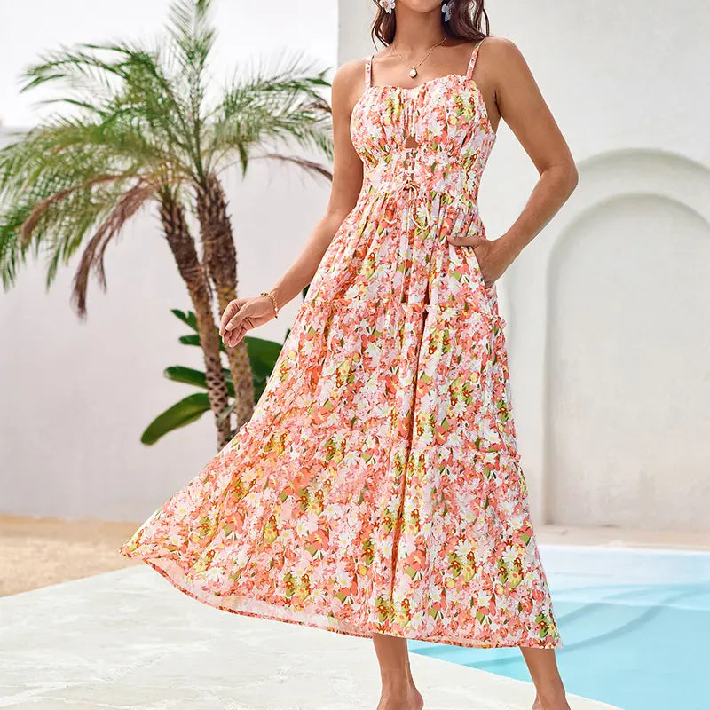 Women's Casual Bohemian Floral Maxi Sundress - Summer Spaghetti Strap Smocked Tiered Beach Dress with Pockets, Plus Size, Boho Clothes for Women