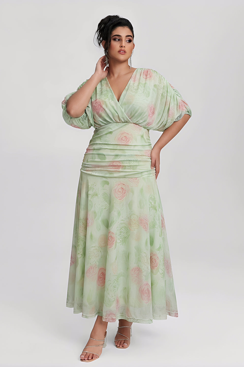 Curveins Plus Size V Neck Puff Sleeve Waist Defining Floral Print Elegant Maxi Dress