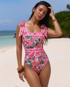 Pink Floral Paradise Print One Piece Swimsuit and Skirt