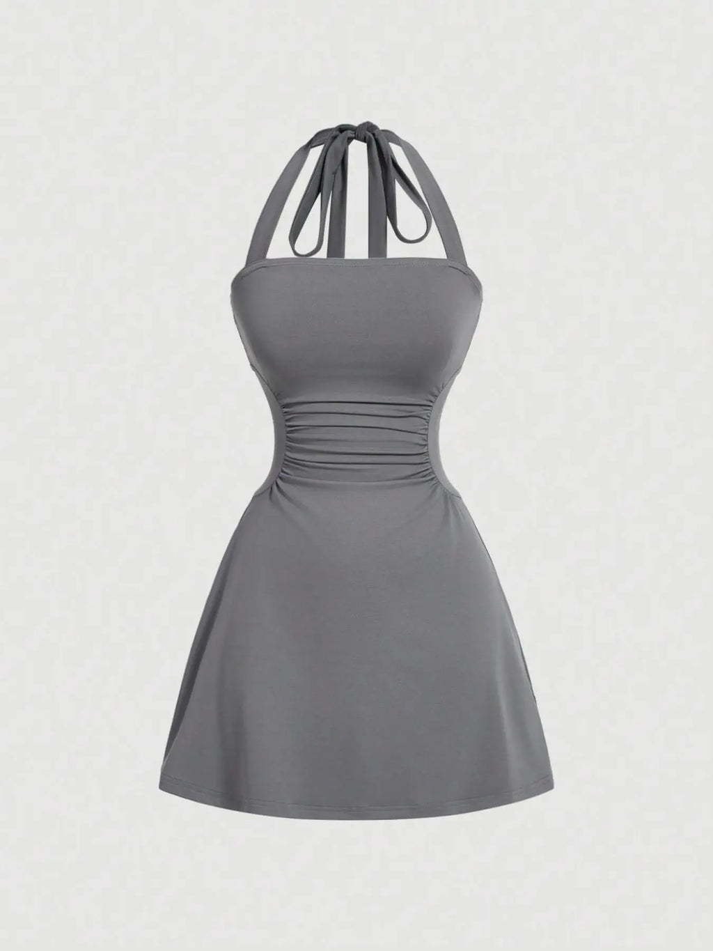 Women's Plain Ruched Tie Back Halter Neck Dress