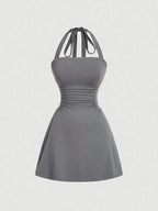 Women's Plain Ruched Tie Back Halter Neck Dress