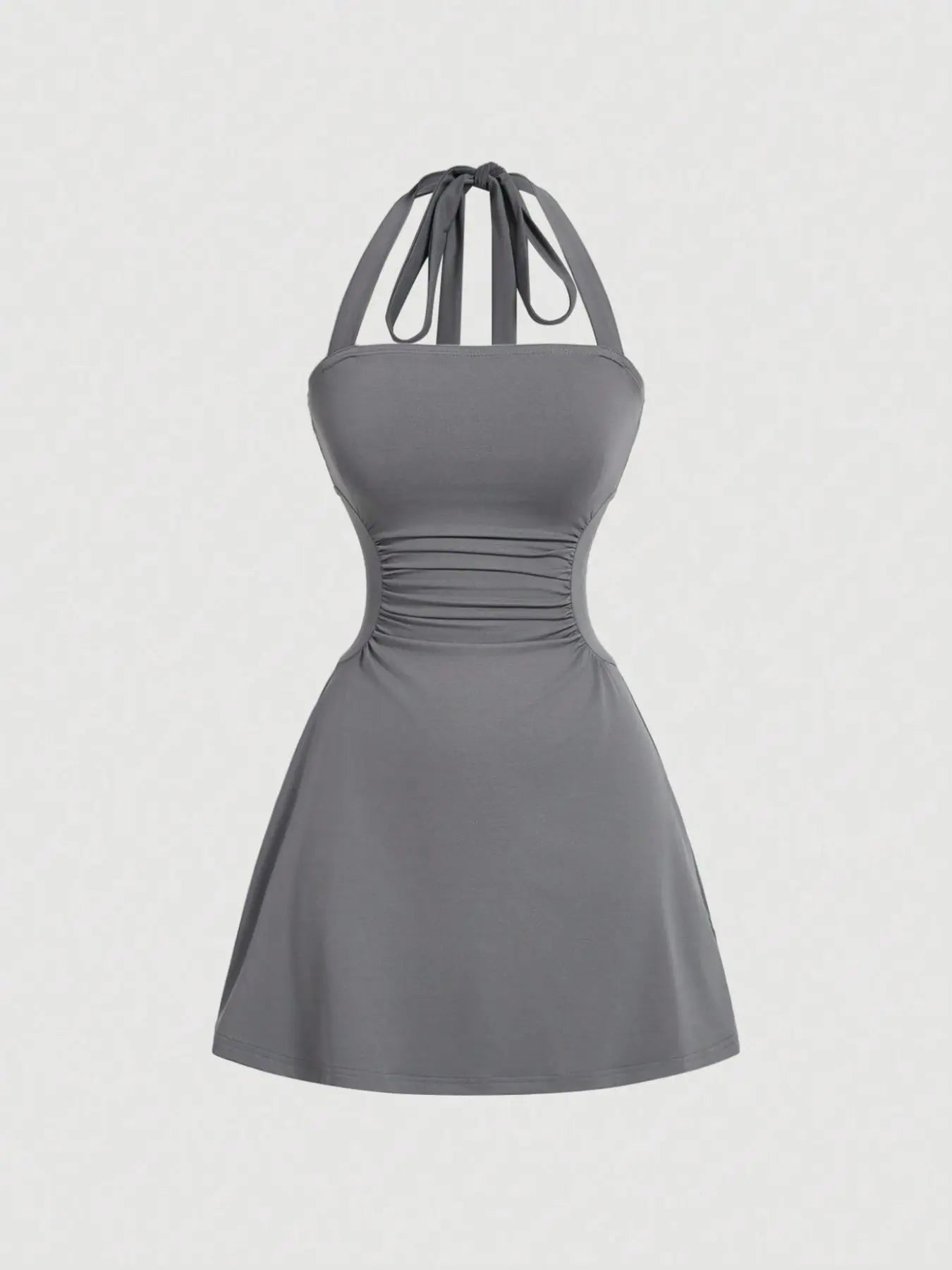 Women's Plain Ruched Tie Back Halter Neck Dress