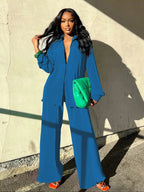 Women's Solid Button Front Shirt & Elastic Waist Pants Two-piece Set