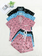 Women's Solid Contrast Binding Bow Decor Pajama Set, Short Sleeve Button Front Lapel Shirt & Shorts Pj Set, Ladies Summer Sleepwear & Loungewear