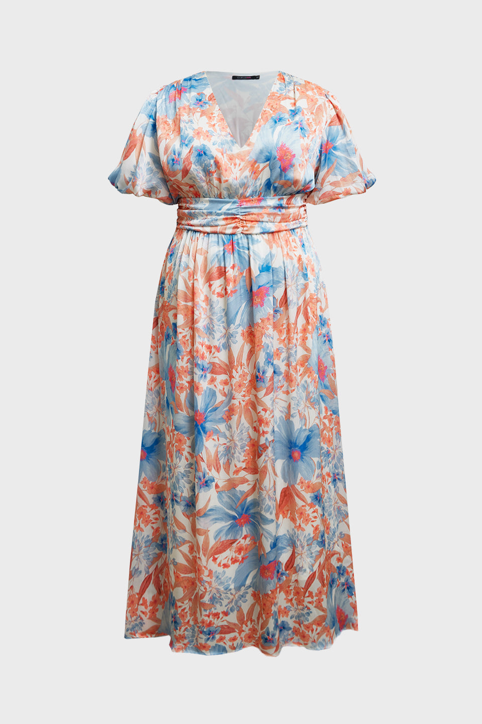 Curveins Plus Size V Neck Puff Sleeve Floral Pattern Elegant Flowing Maxi Dress