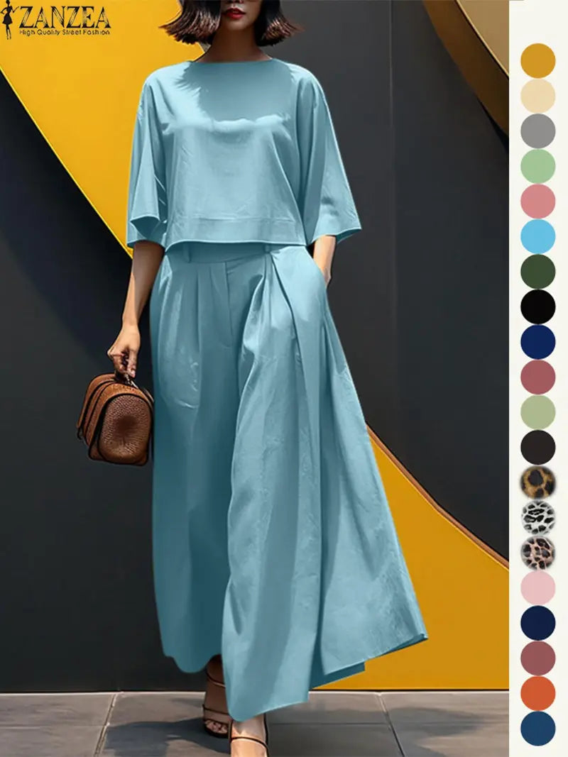 Women's Top & Wide Leg Pants Two-piece Set, Casual Fashion Minimalist Cozy Three Quarter Length Sleeve Top & Trousers for Daily Outdoor Wear, Ladies Clothes for All Seasons, Womenswear