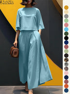 Women's Top & Wide Leg Pants Two-piece Set, Casual Fashion Minimalist Cozy Three Quarter Length Sleeve Top & Trousers for Daily Outdoor Wear, Ladies Clothes for All Seasons, Womenswear